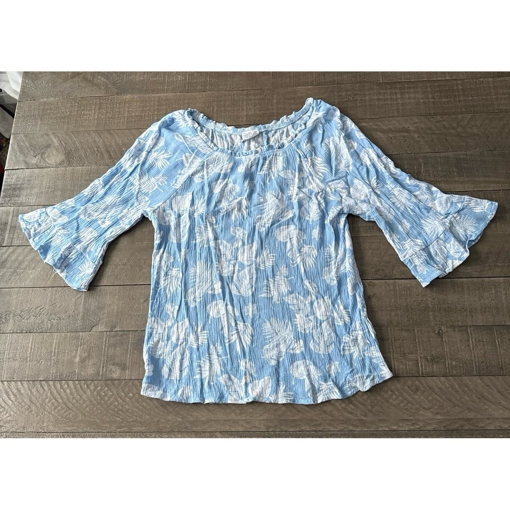 Light Blue Floral Off-Shoulder Blouse with Ruffle Sleeves